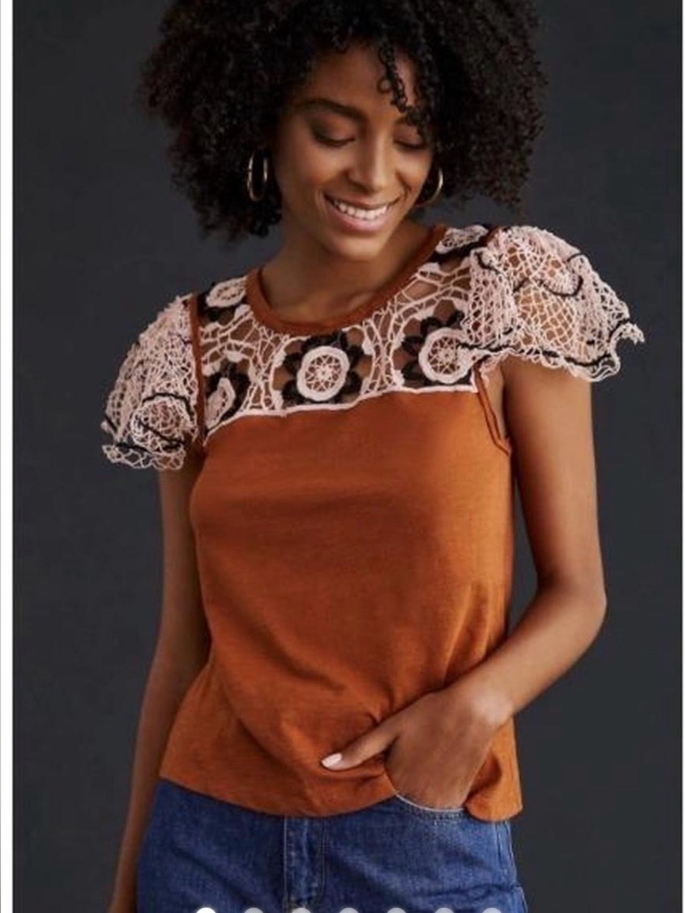 By Anthropologie Flutter Sleeve Top Crochet Embroidered Cedar Blouse size xs